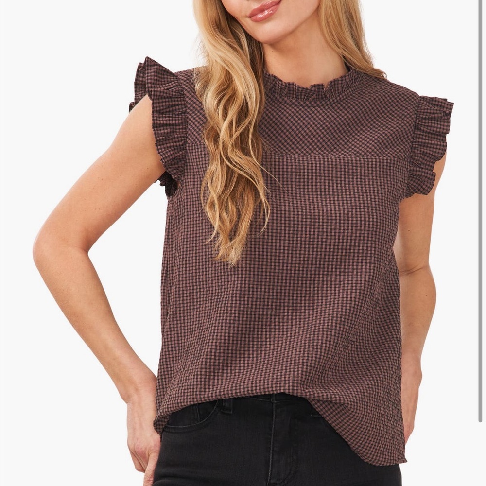 CeCe Ruffled Sleeve Checkered Blouse - Brown and Black